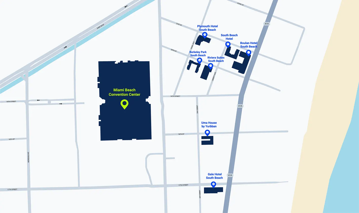 Map of Hotels and Miami Beach Convention Center for PBExpo 2026